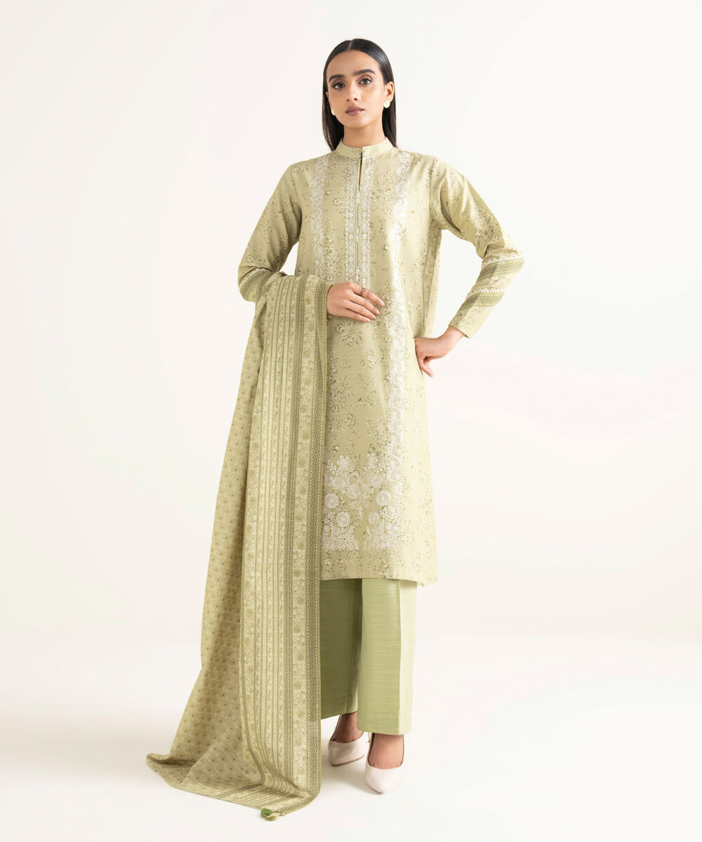 Women's Unstitched Khaddar Embroidered Beige   2 Piece Suit