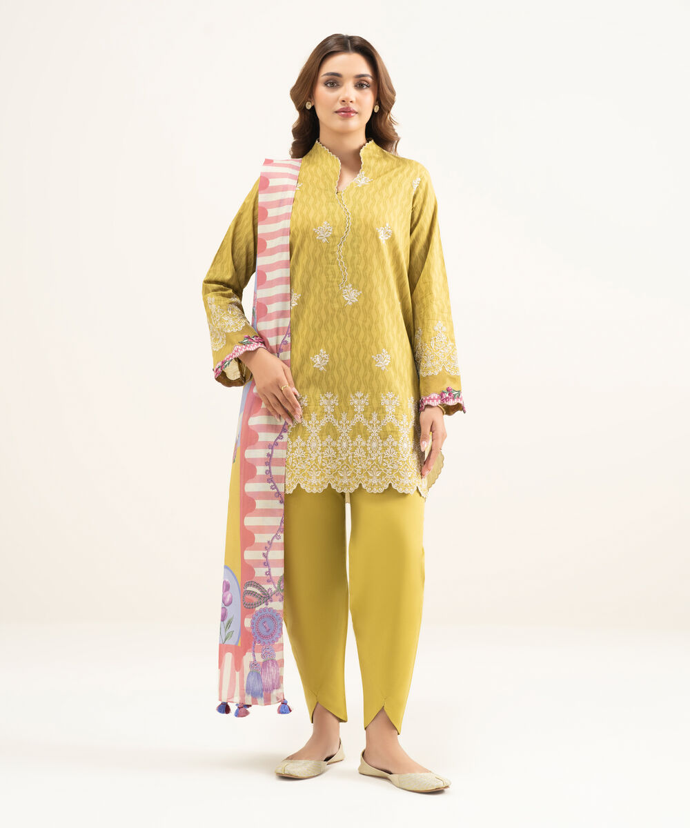Women's Unstitched Lawn Yellow Embroidered 3 Piece Suit