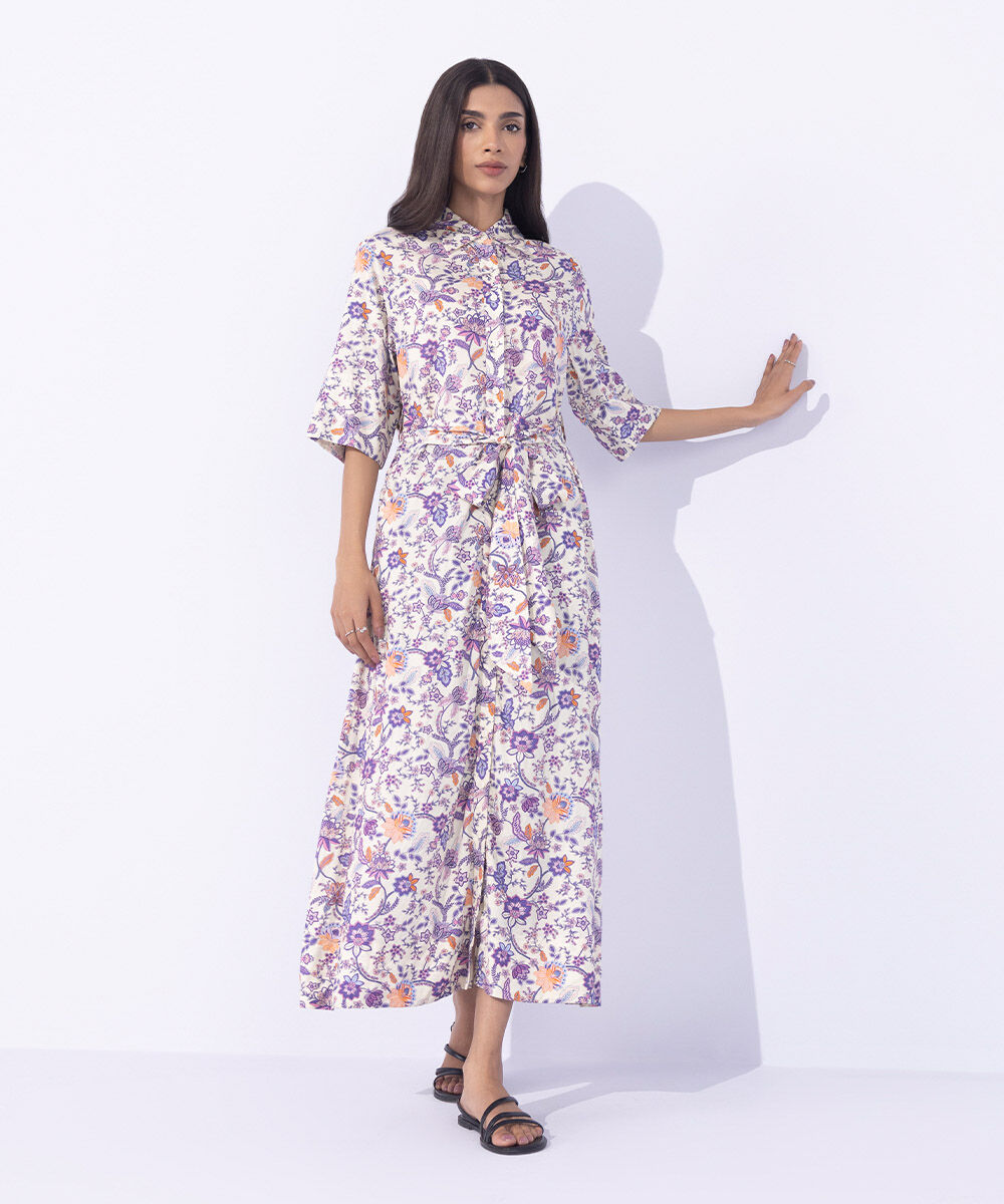 Women's Western Wear Multi Printed Dress With Belt