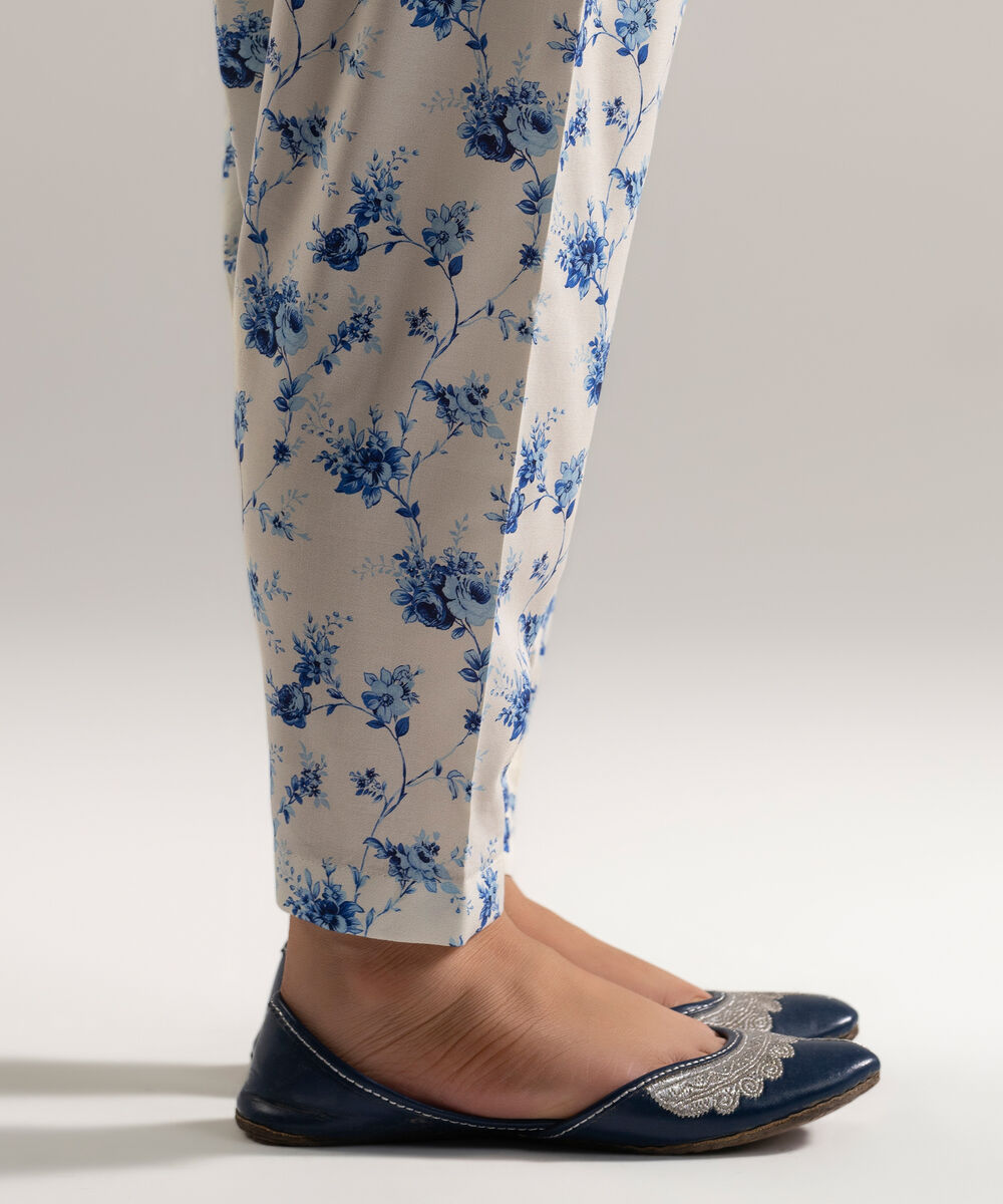 Women's RTW Cotton Viscose Printed White Skinny Shalwar