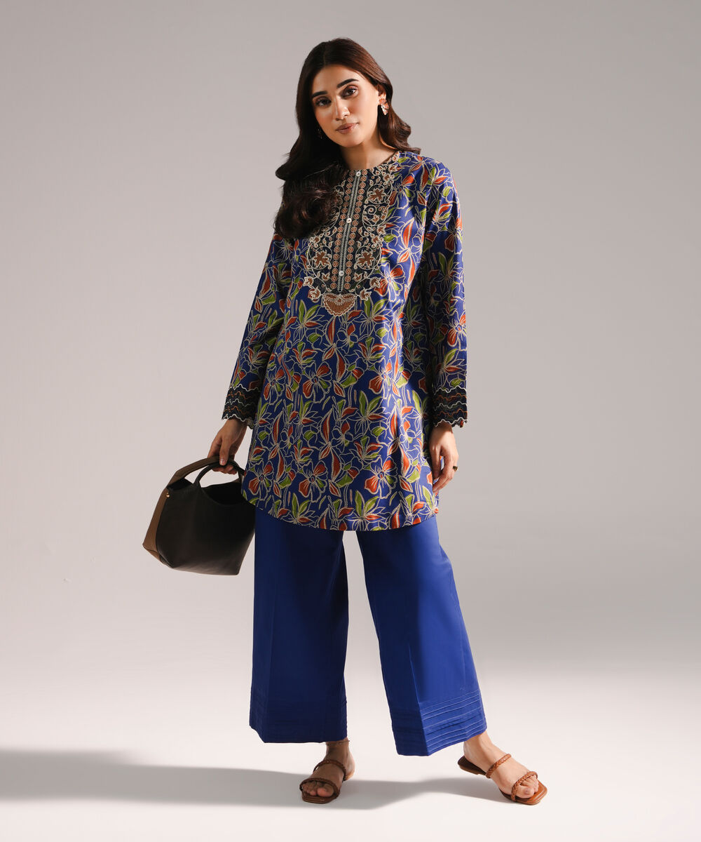 Women's RTW Textured Cotton Embroidered Dark Blue 2 Piece Suit