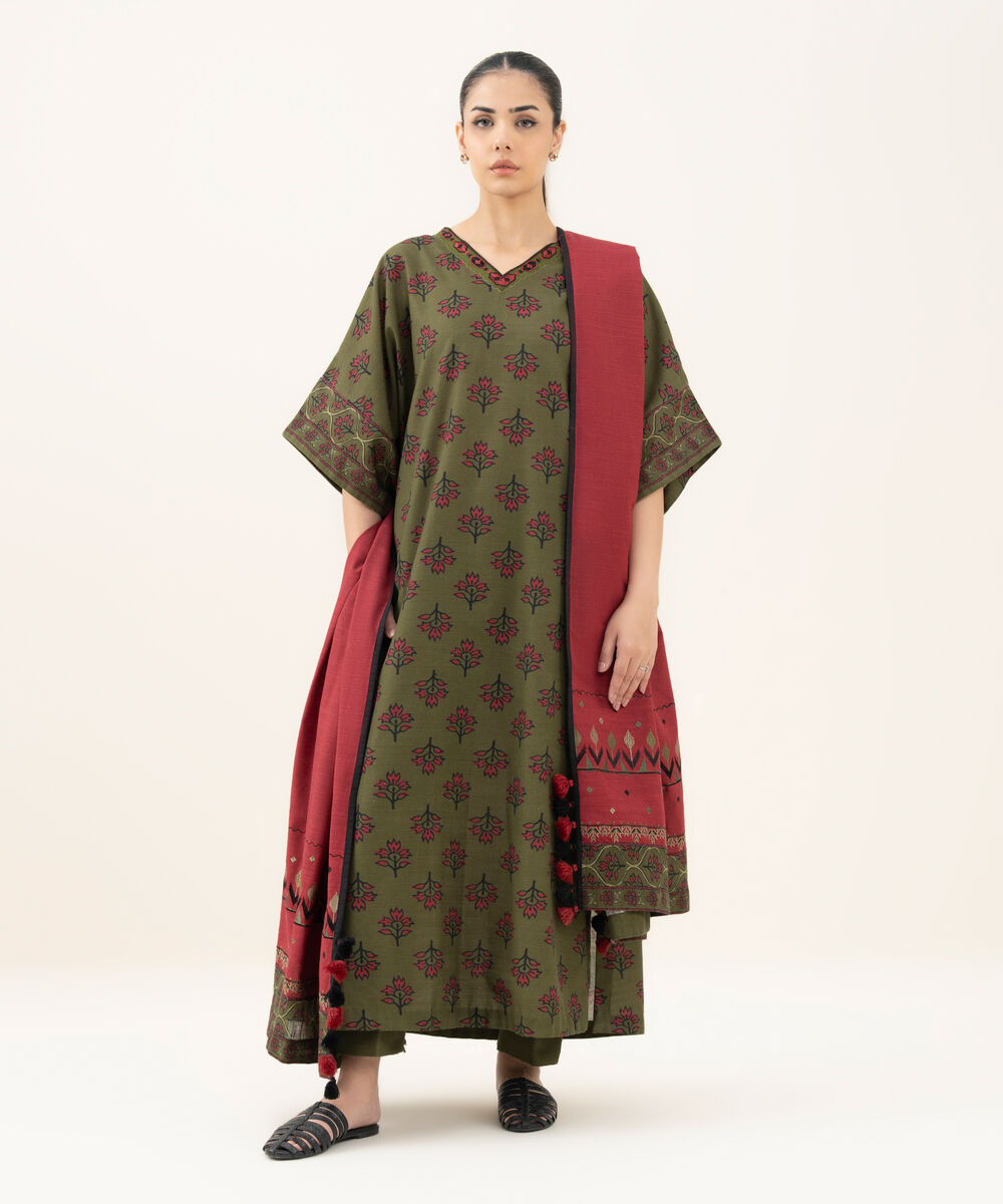 Women's Unstitched Printed Khaddar Olive Green 3 Piece Suit