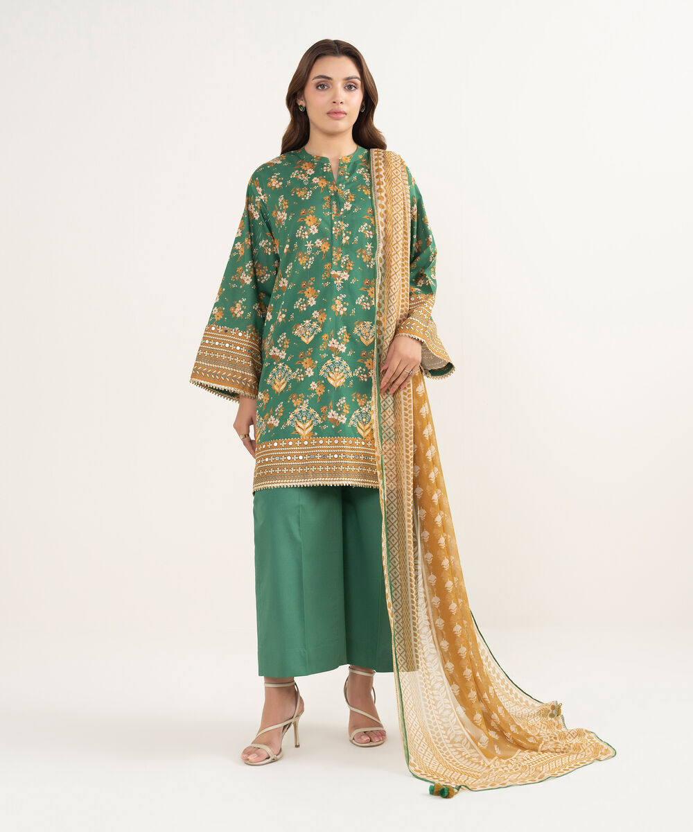 Women's Unstitched Lawn Embroidered Green 3 Piece Suit