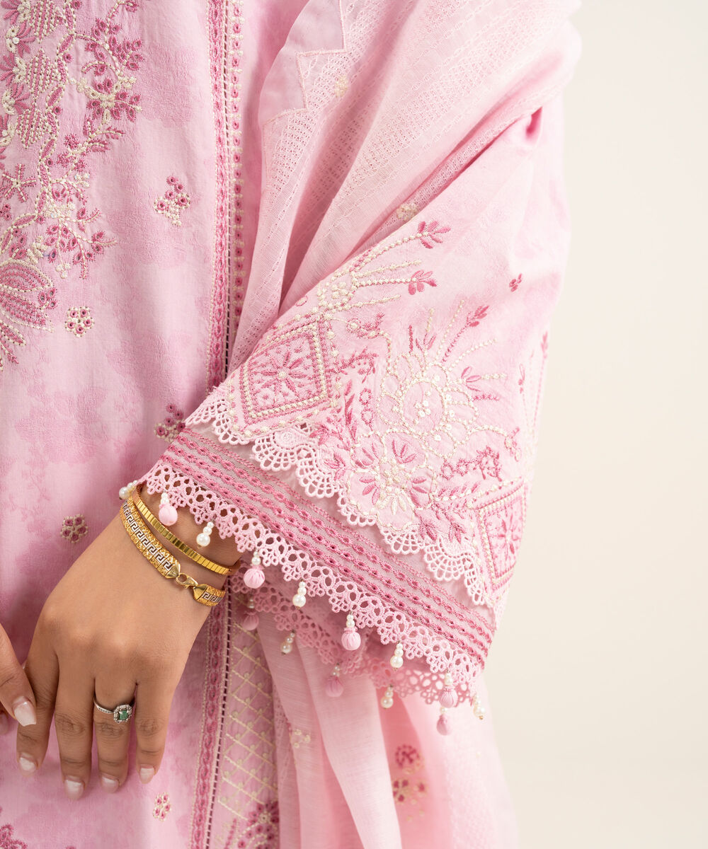 Women's Unstitched Cotton Jacquard Embroidered Pink 3 Piece Suit