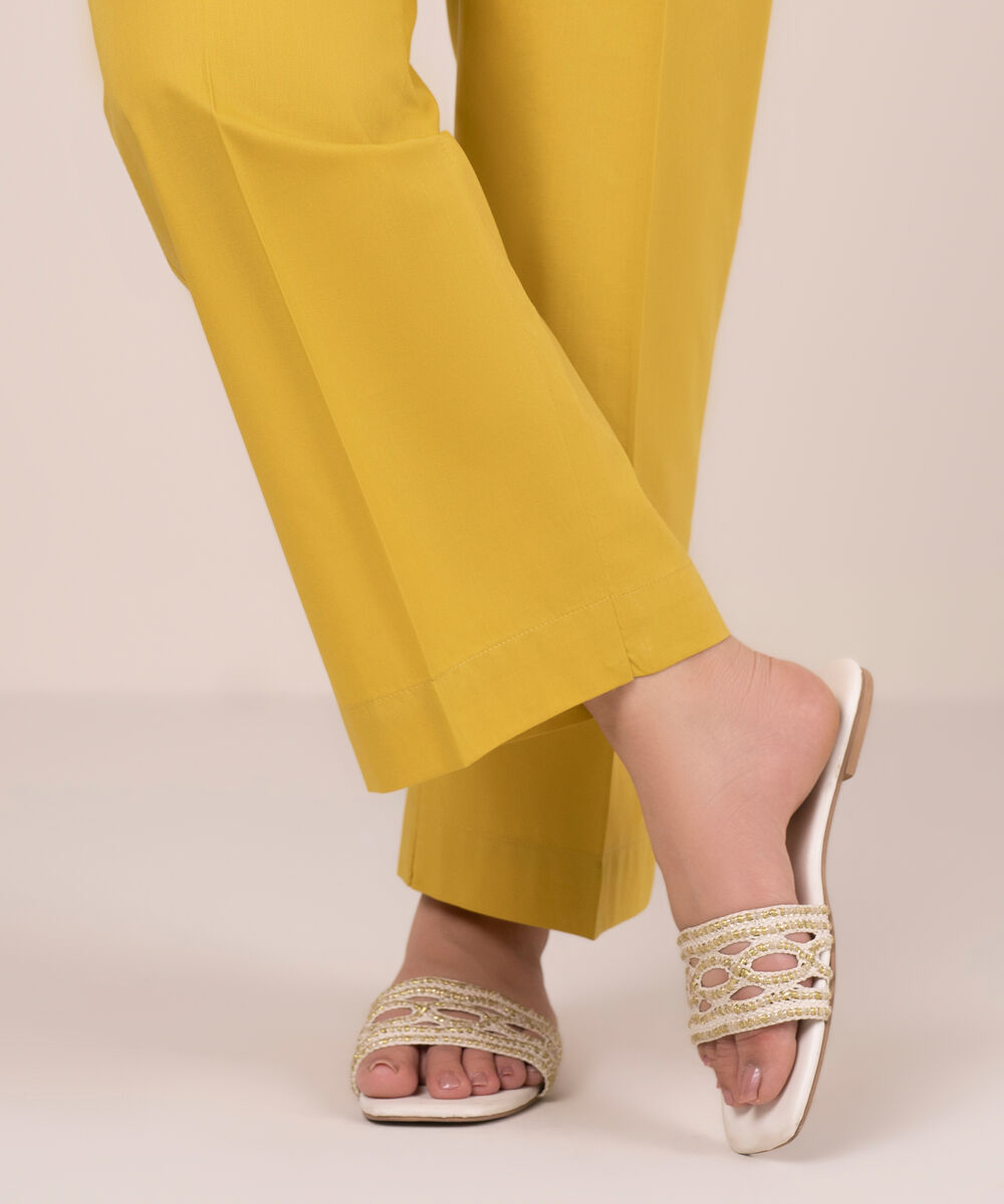 Women's RTW Cambric Solid Yellow Straight Pants