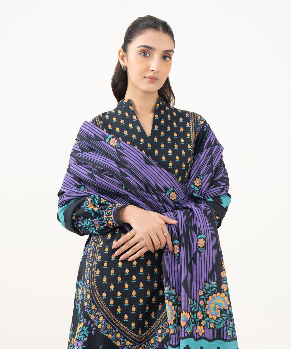 Women's Unstitched Khaddar Printed Black 3 Piece Suit