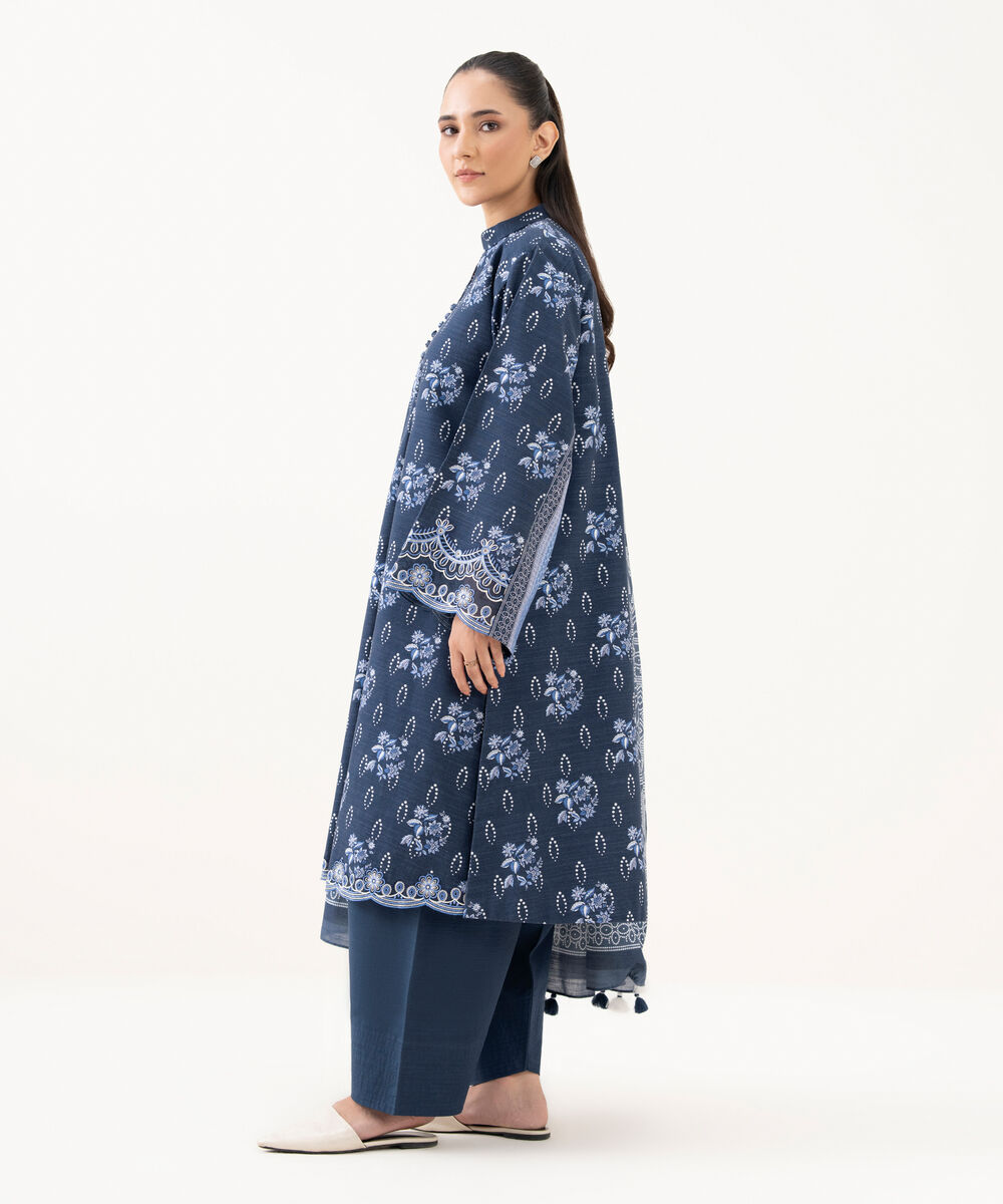 Women's Unstitched Light Khaddar Embroidered Blue 3 Piece Suit
