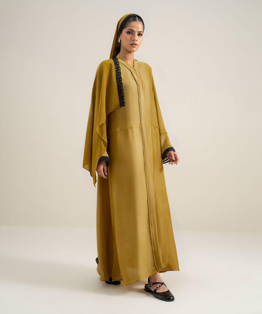 Women's Polyester Yellow Kimono Abbaya Set