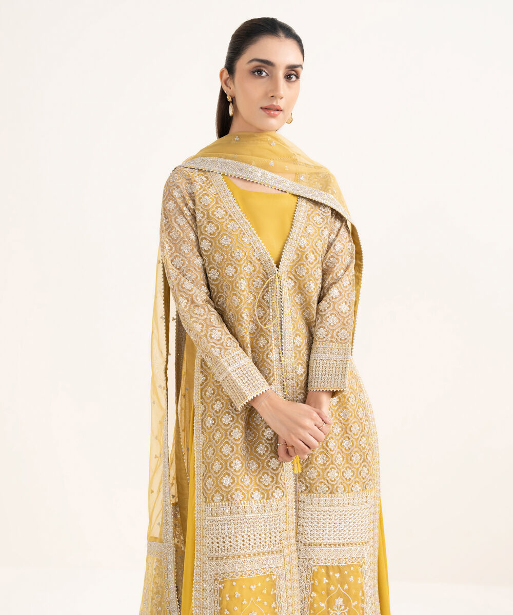 Women's RTW Blended Organza Embroidered Yellow 2 Piece Suit