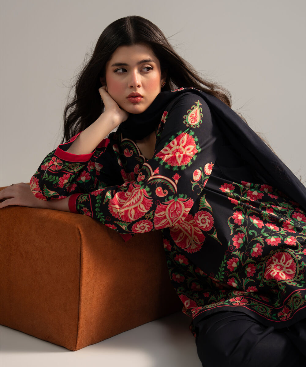Women's RTW Lawn Printed Black 3 Piece Suit