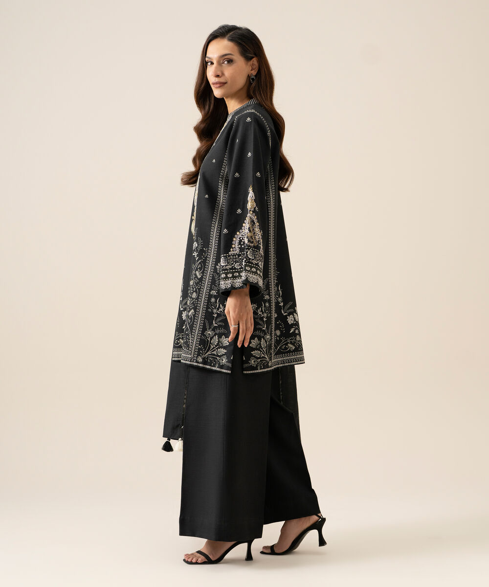 Women's Unstitched Light Khaddar Printed Black 3 Piece Suit