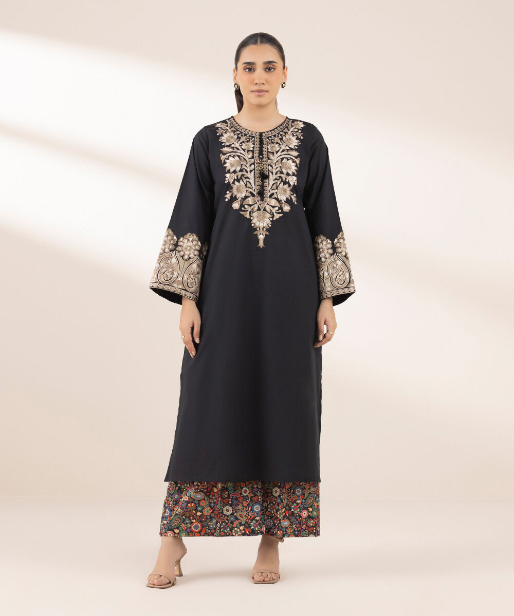 Women's RTW Textured Lawn Black Embroidered A-Line Shirt
