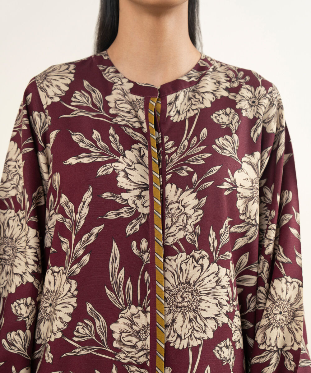 Women's RTW Herringbone Printed Maroon Front Open Jacket