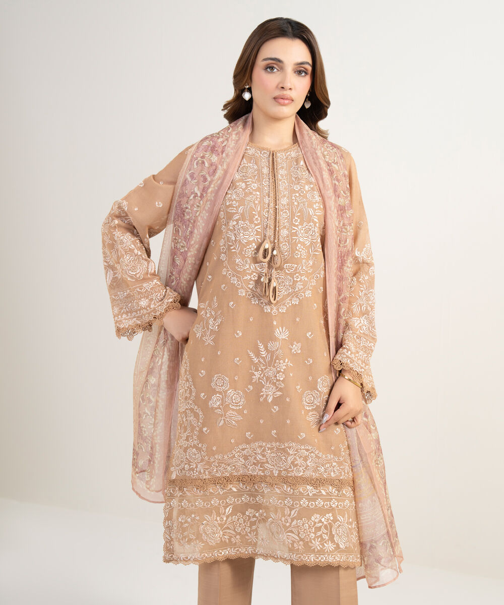 Women's Unstitched Blended Viscose Khaddi Net Embroidered Beige 3 Piece Suit