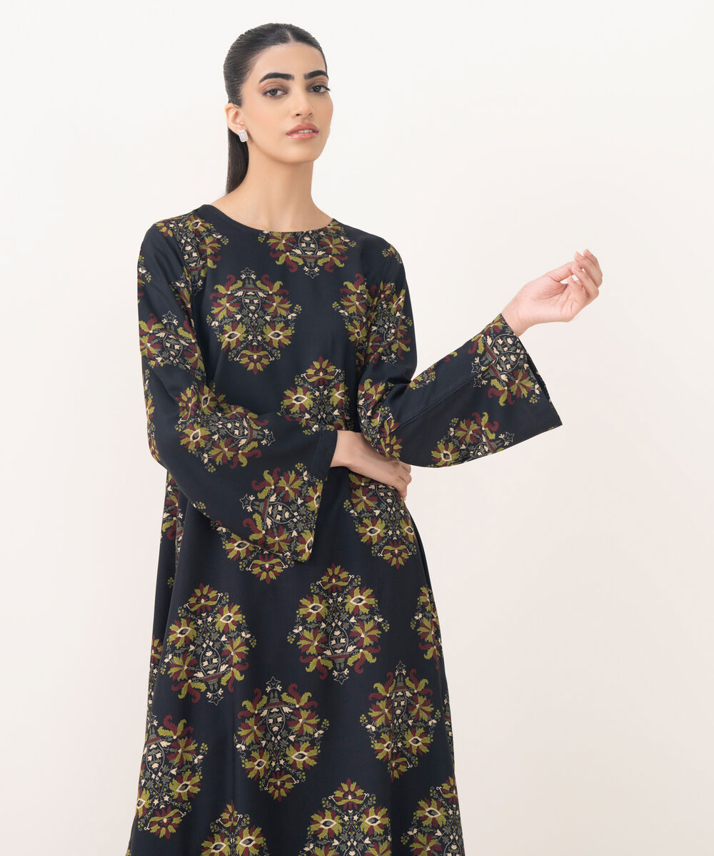 Women's RTW Viscose Linen Black Printed A-Line Shirt