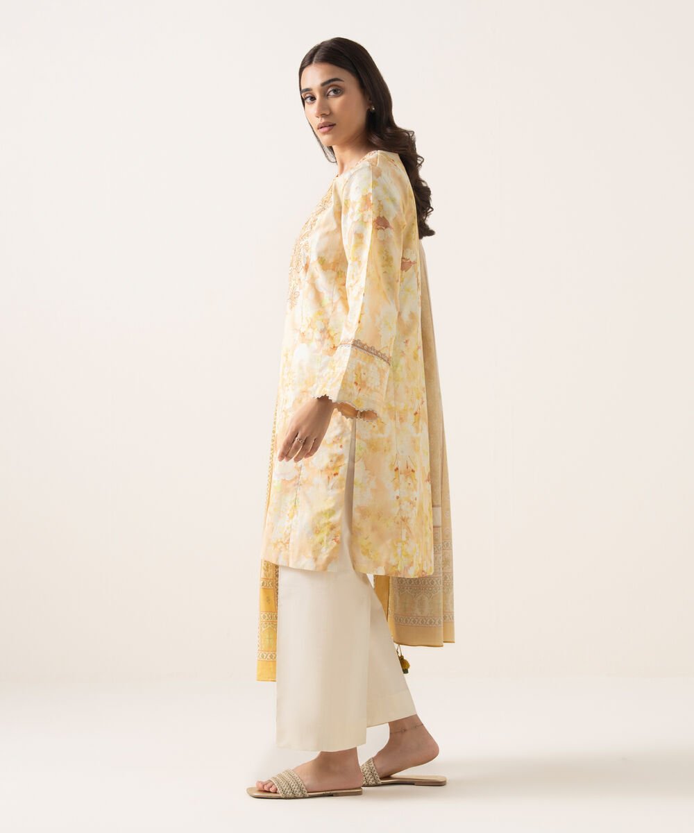 Women's Unstitched Textured Lawn Embroidered Yellow 3 Piece Suit