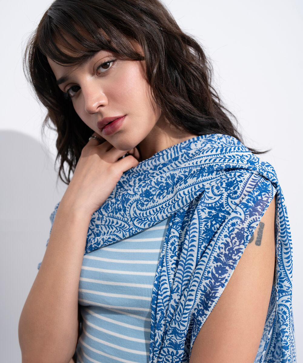 Women's Western White And Blue Printed Rectangular Scarf