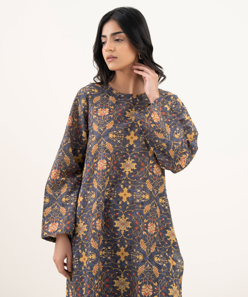 Women's RTW Khaddar Printed Straight Black Shirt