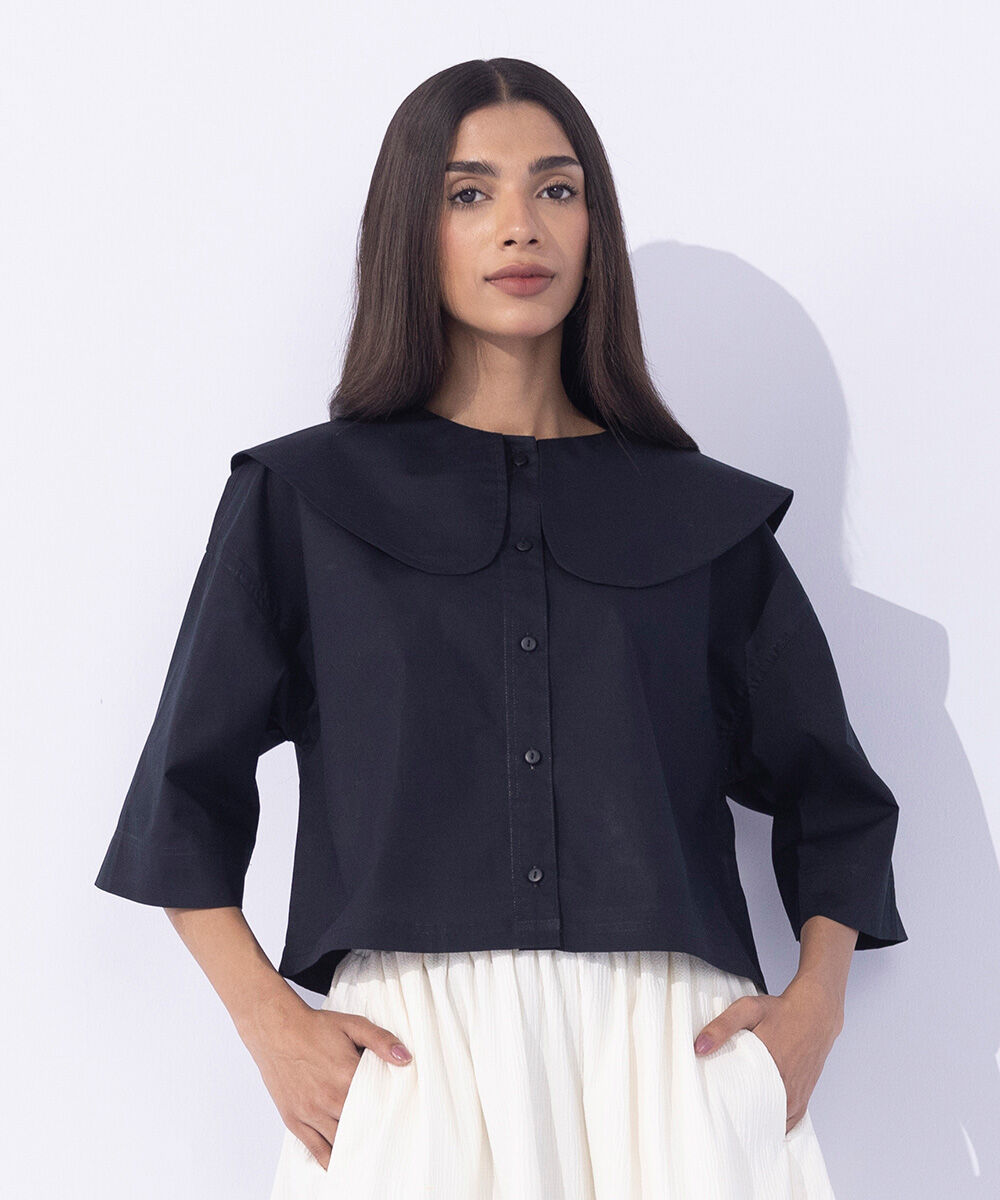 Women's Western Wear Black Peter Pan Cropped Shirt