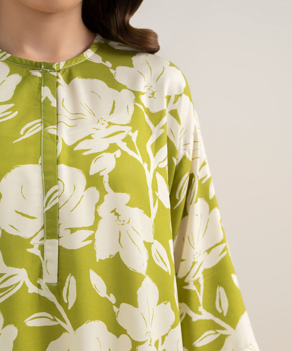 Women's RTW Arabic Cambric Printed Green Drop Shoulder Shirt