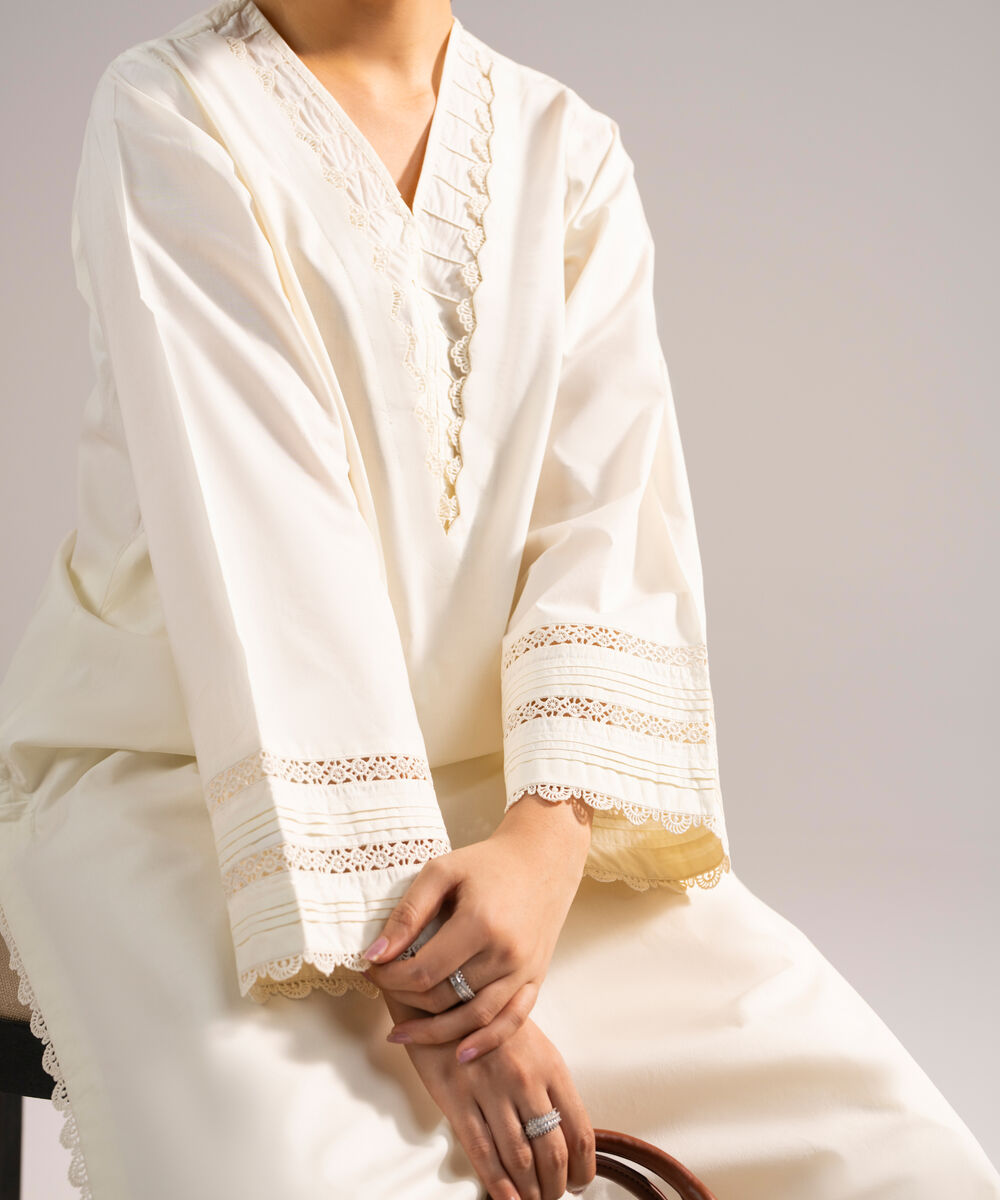 Women's RTW Poplin Solid Off White Straight Shirt