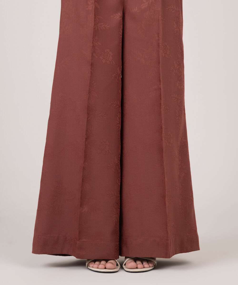 Women's RTW Cotton Jacquard Solid Red Flared Pants