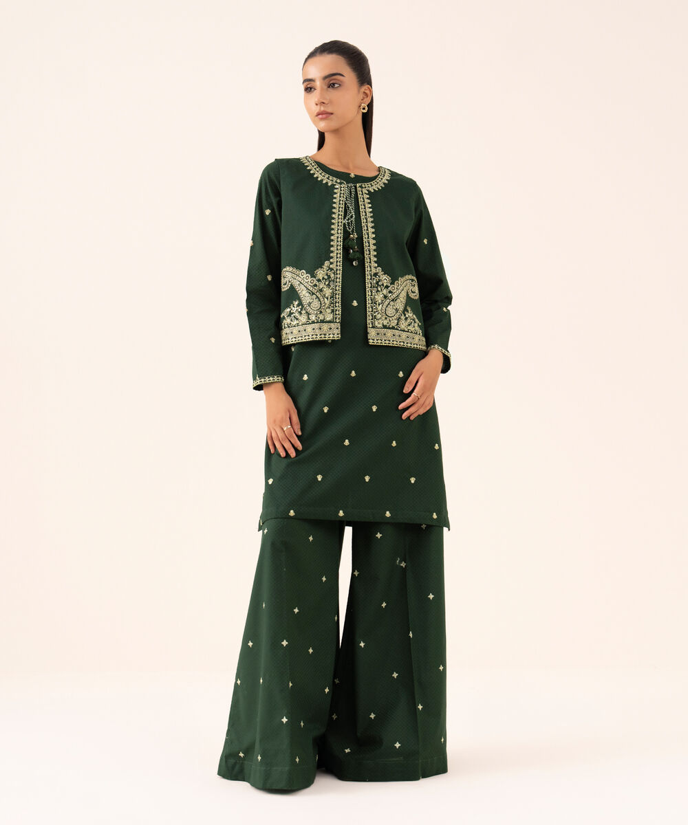 Women's RTW Textured Cotton Green Embroidered Front Open Waistcoat