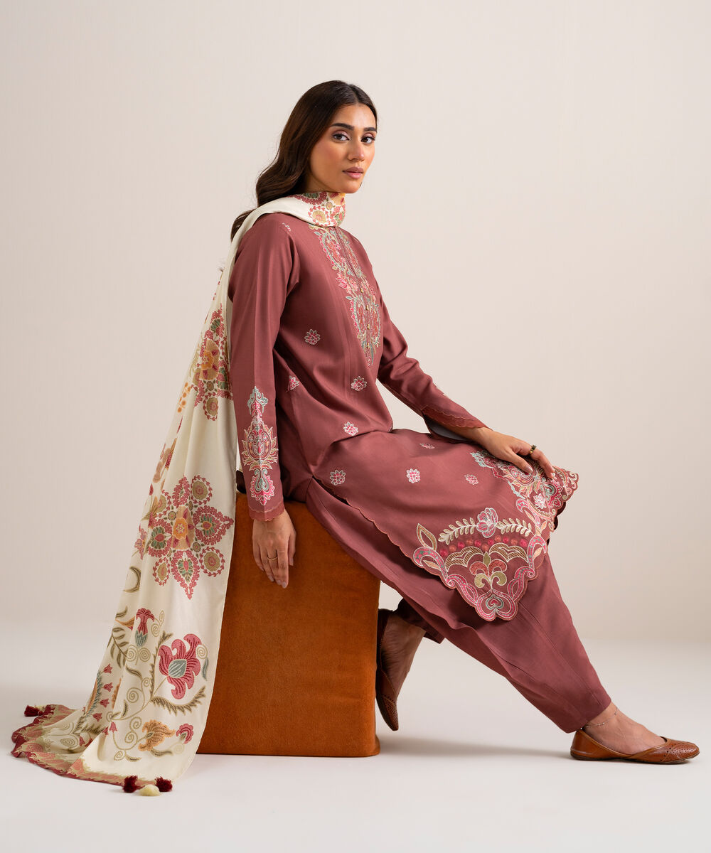 Women's Unstitched Embroidered Linen Tea Pink 3 Piece Suit