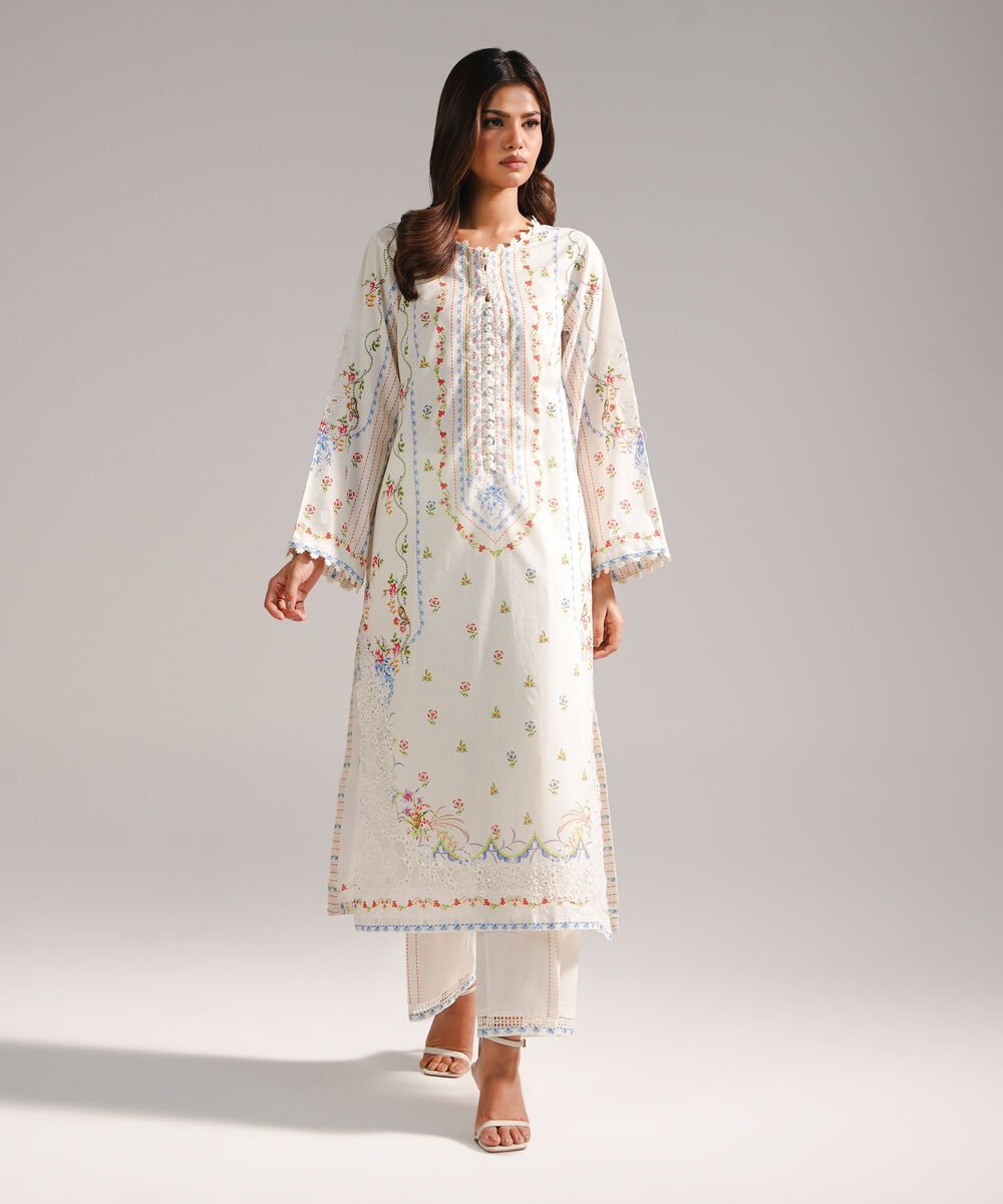 Women's RTW Lawn Embroidered White Straight Shirt