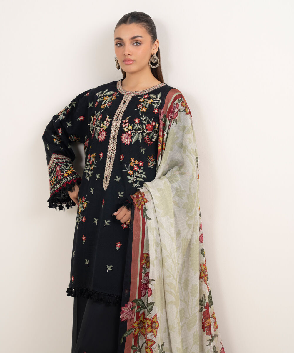 Women's Unstitched Dobby Embroidered Black 3 Piece Suit