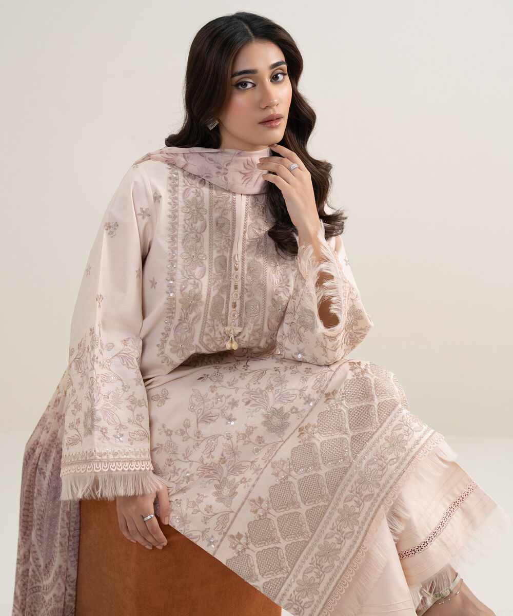 Women's Unstitched Lawn Embroidered Pink 3 Piece Suit