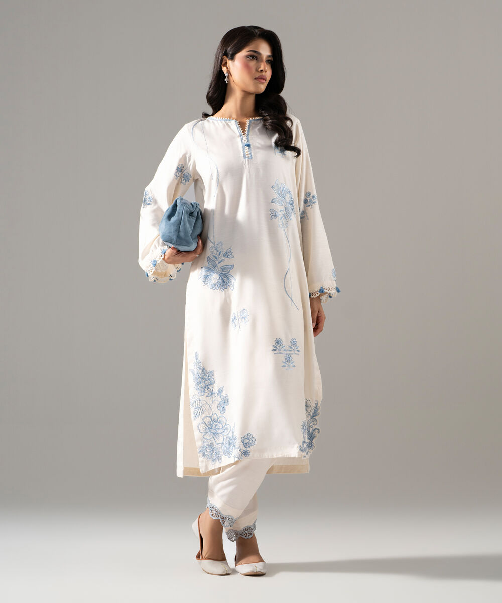Women's RTW Raw Silk Solid Embroidered White 2 Piece Suit
