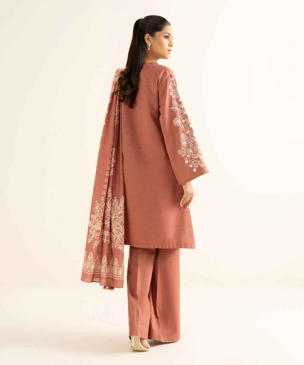 Women's Unstitched Cotton Embroidered Pink 3 Piece Suit