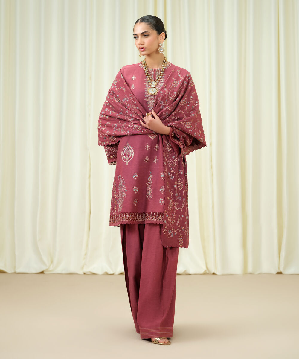 Women's Unstitched Viscose Karandi Embroidered Pink 3 Piece Suit