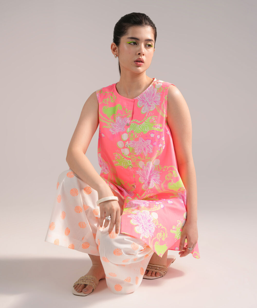 Women's RTW Dobby Printed Neon Pink 2 Piece Suit