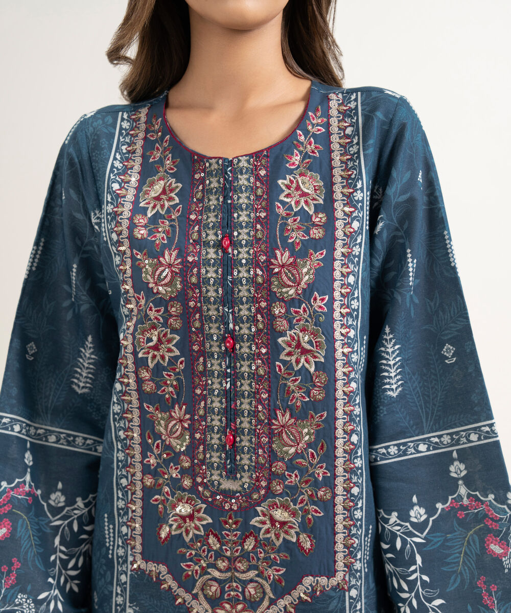 Women's RTW Zari Cotton Embroidered Blue A-Line Shirt