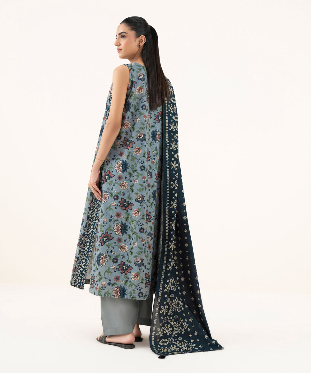 Women's Unstitched Cotton Printed Grey Three Piece Suit