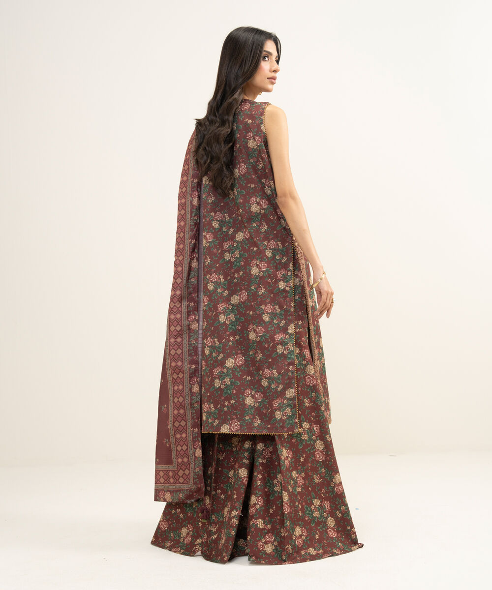 Women's Unstitched Lawn Embroidered Brown 3 Piece Suit