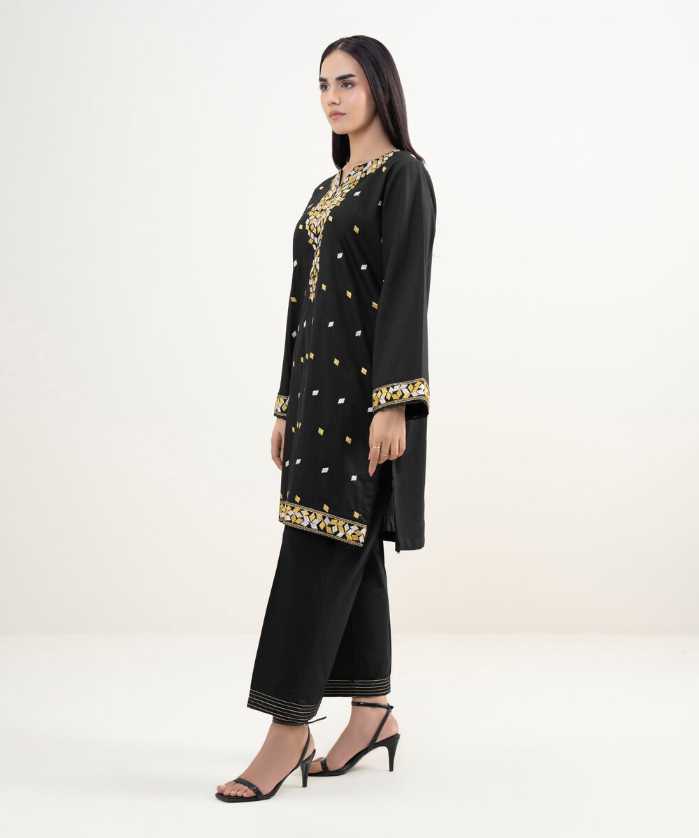 Women's RTW Dobby Embroidered Black Straight Shirt