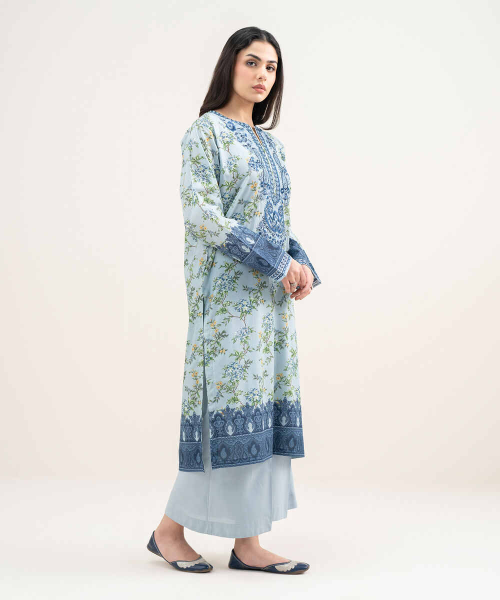 Women's RTW Lawn Embroidered Blue Straight Shirt