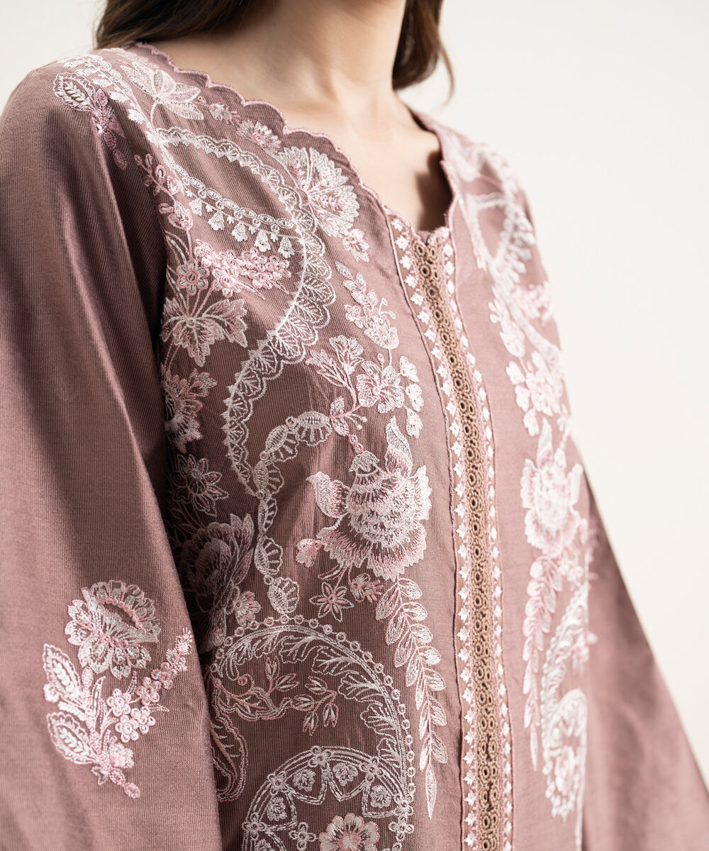 Women's RTW Silk Cotton Net Embroidered Mauve 3 Piece Suit