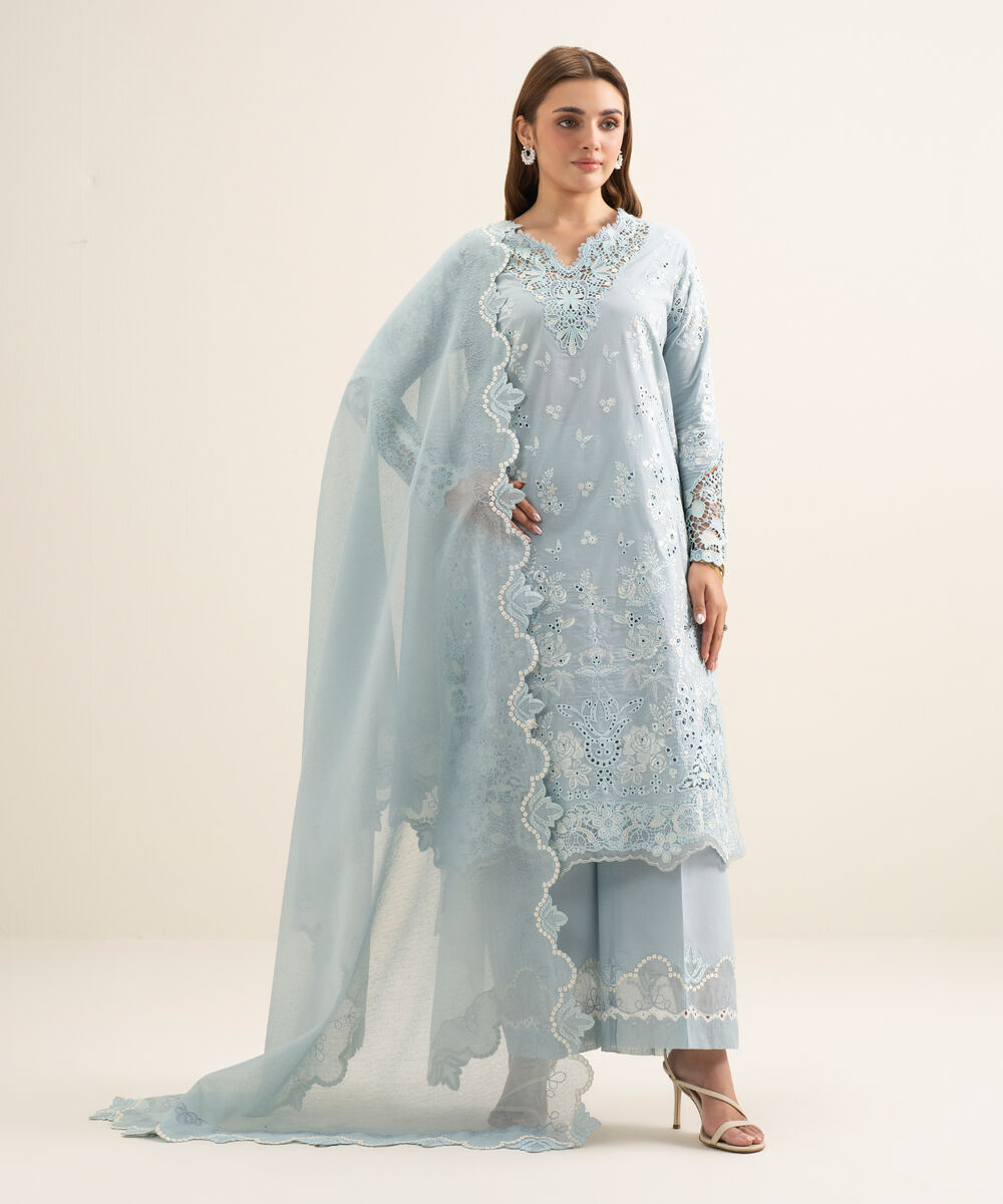 Women's Unstitched Lawn Embroidered Blue 3 Piece Suit