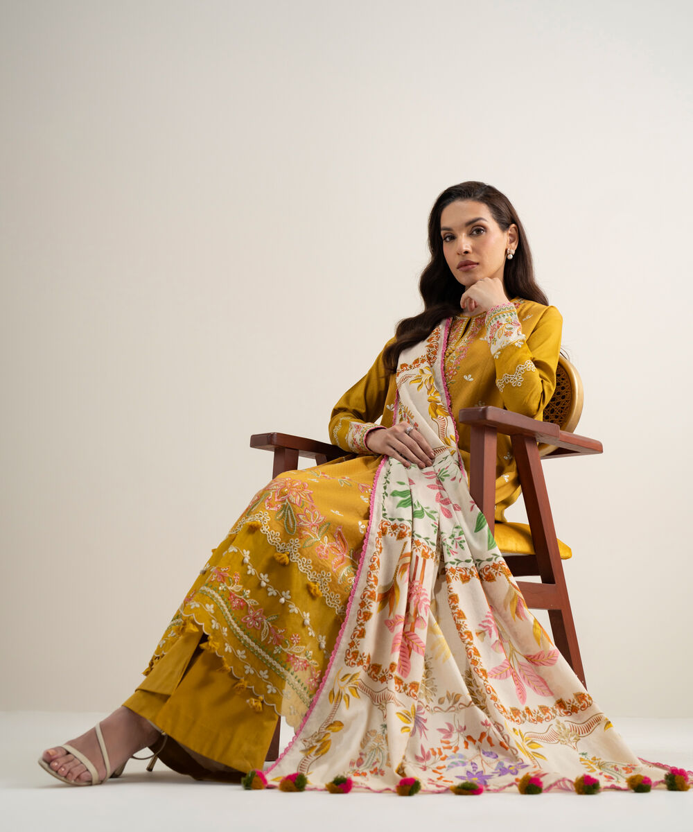 Women's Unstitched Dobby Embroidered Mustard 3 Piece Suit