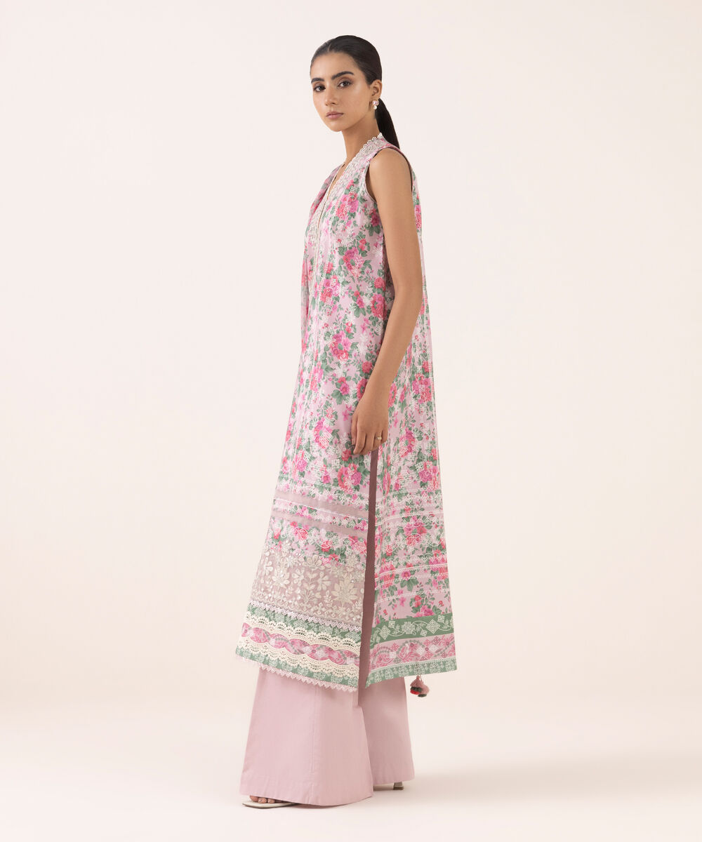 Women's Unstitched Cotton Viscose Embroidered Pink 3 Piece Suit