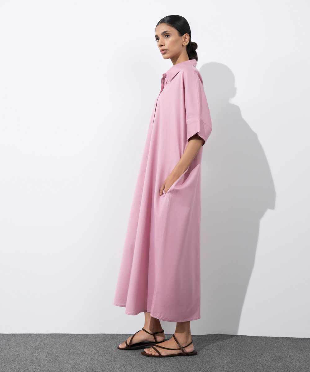 Women's Western Wear Pink Button-Through Linen Blend  Dress