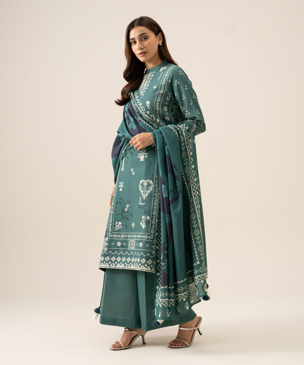 Women's Unstitched Premium Khaddar Printed Green 3 Piece Suit
