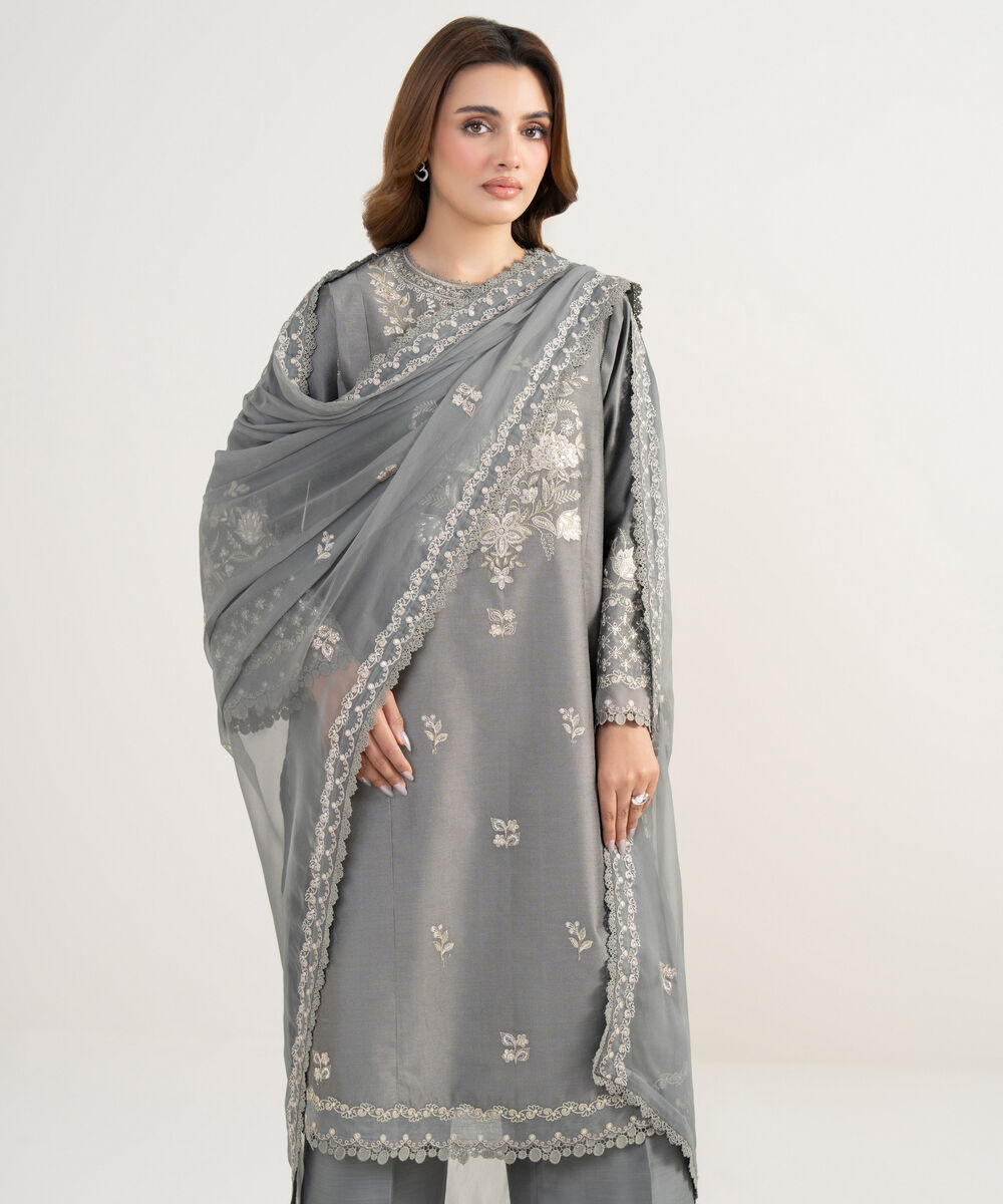 Women's Unstitched Cotton Net Embroidered Grey 3 Piece Suit