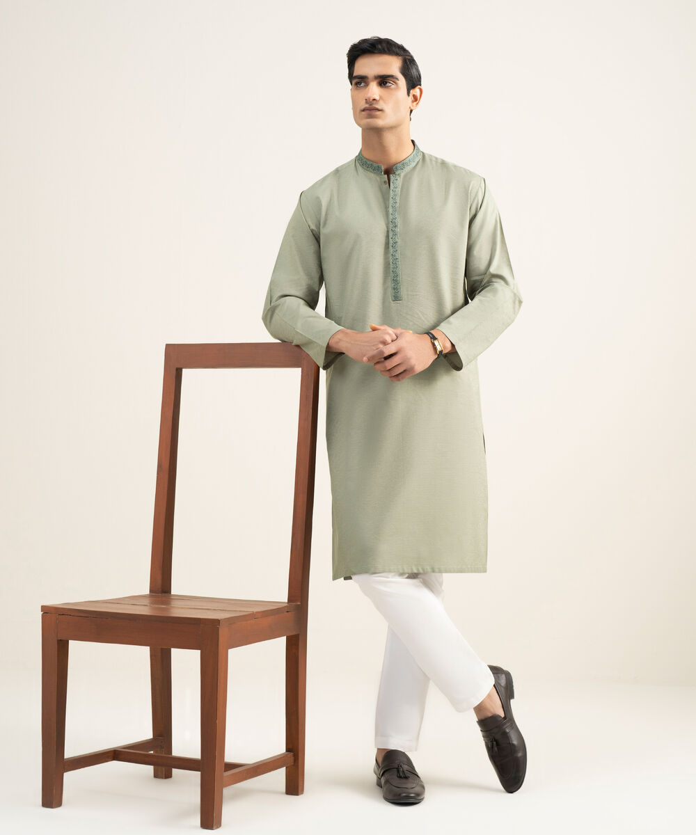 Men's Stitched Cotton Jacquard Light Olive Kurta