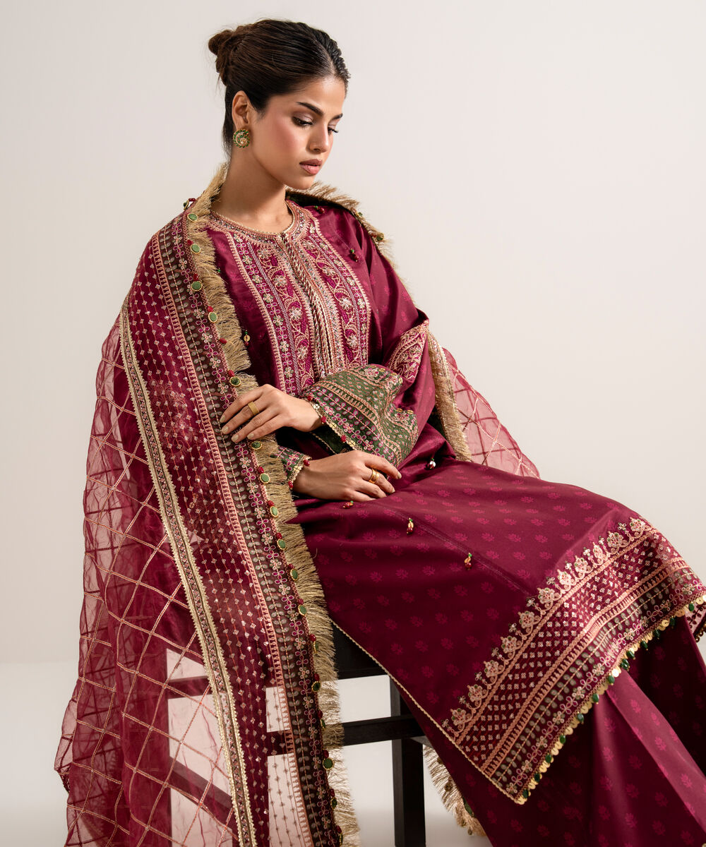 Women's Unstitched Printed Blended Grip Silk Plum 3 Piece Suit
