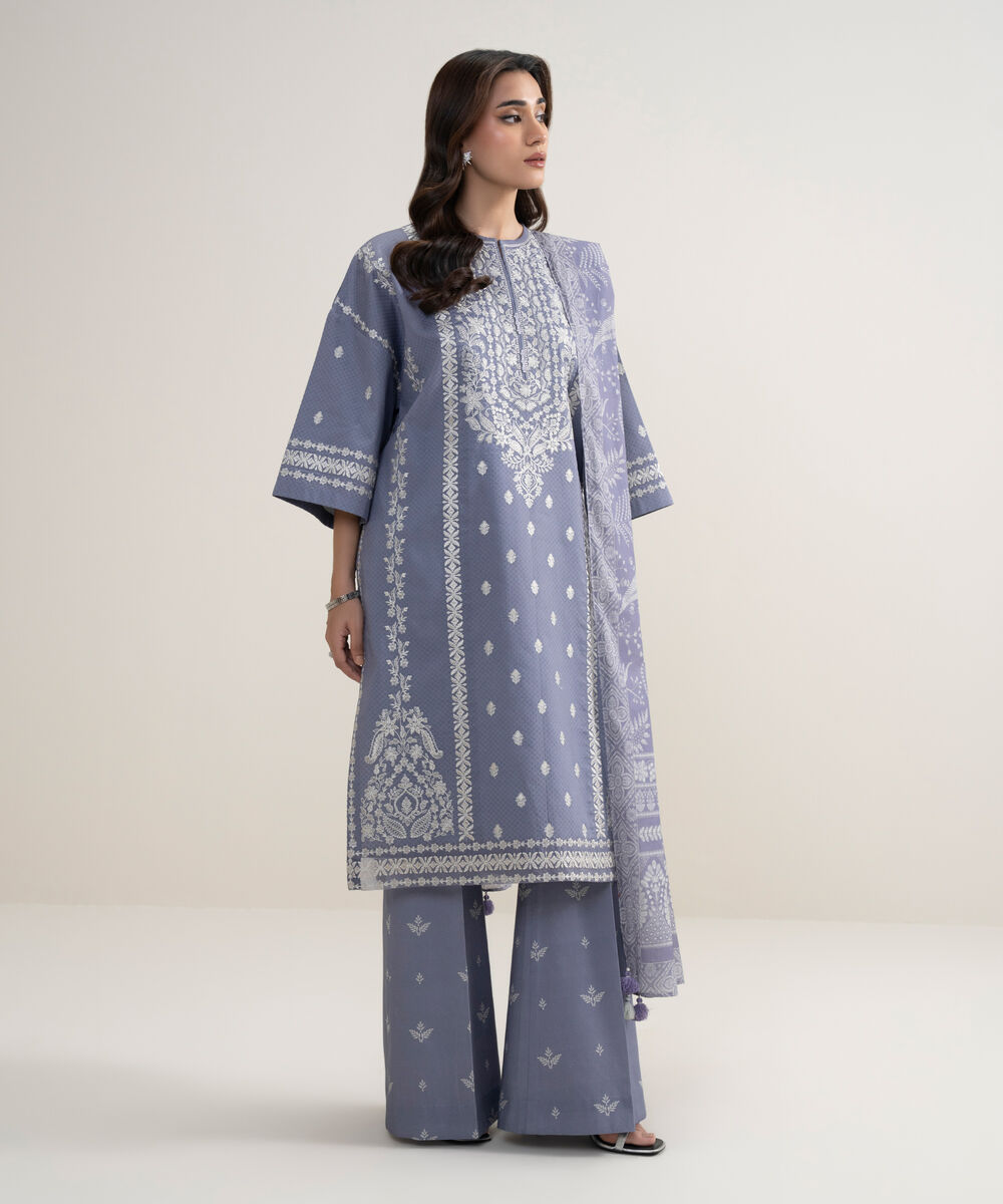 Women's Unstitched Dobby Embroidered Purple 3 Piece Suit